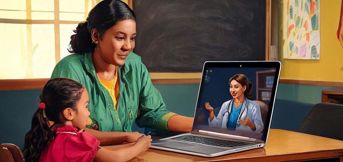 Teacher and young student talk to a doctor via a telehealth visit